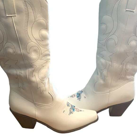 White Cowgirl Boots Mid Calf Custom Bling Accents - Wide Calf 2.5" Heel - Picture 4 of 7